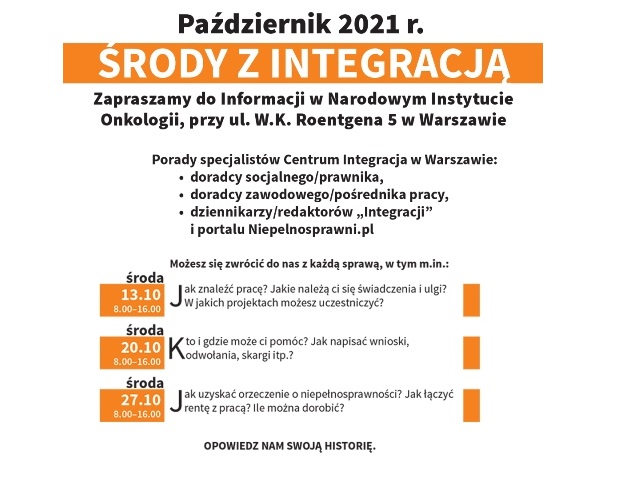 grafika z napisem pażdziernik 2021 środy z integracją zapraszamy do Informacji w Narodowym Centrum Onkologii przy ul. Roentgena 5 w warszawie