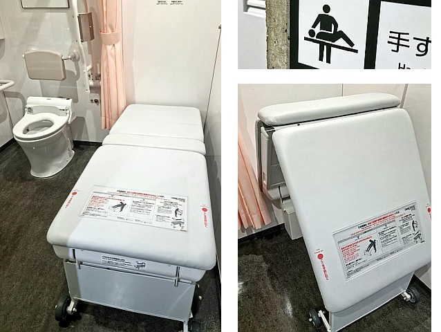 3 zdjęcia: dostosowana toaleta z leżanką obok, ta sama leżanka składana na pół oraz zdjęcie symbolu leżącej osoby i drugiej, która ją obsługuje