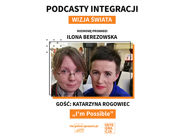 Na środku zdjęcie Ilony Berezowskiej i Katarzyny Rogowiec. Oraz napisy: Napis: Podcasty Integracji. Rozmowę prowadzi Ilona Berezowska. Gość: Katarzyna Rogowiec. Tytuł: Katarzyna Rogowiec: I