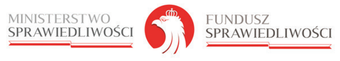 logo: główka orła na środku, pod nim biało czerwona flaga. Z lewej strony napis: Ministerstwo Sprawiedliwości. Z prawej strony napis: Fundusz Sprawiedliwościi