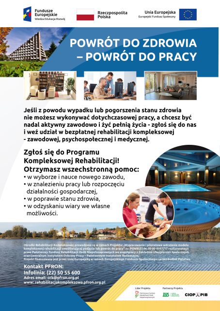 plakat programu rehabilitacji kompleksowej, złożony głównie z tekstu. wszystkie napisane w nim informacje znajdują się w powyższym tekście