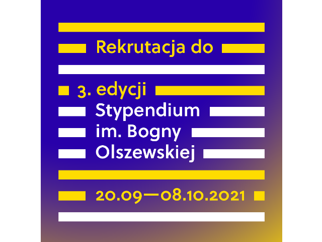 grafika na niebieskim tle napis rekrutacja do 3 edycji stypendium im bogny olszewsiej 20.09-8.10