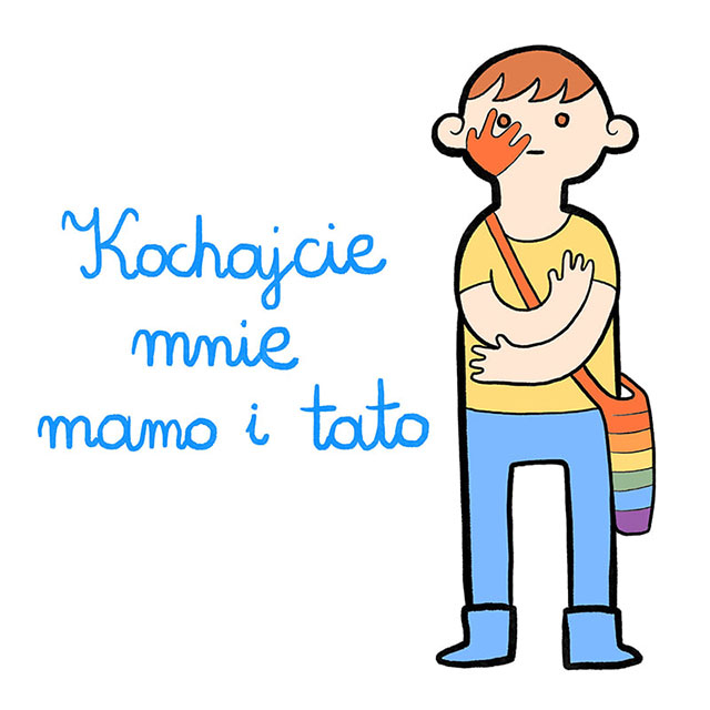 rysunek: chłopiec z tęczową torbą i  śladem po uderzeniu na twarzy. Obok napis Kochajcie mnie mamo i tato