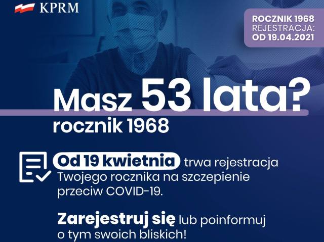 napis informacyjny o tym, że Od północy ruszała rejestracja online dla 53-latków