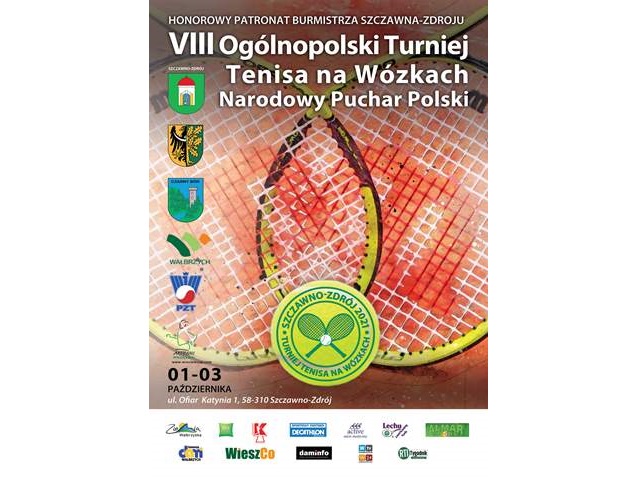 plakat na tle dwóch rakietek do tenisa napis VIII ogólnopolski turniej tenisa na wózkach narodowy puchar Polski 1-3 października  szczawno zdrój