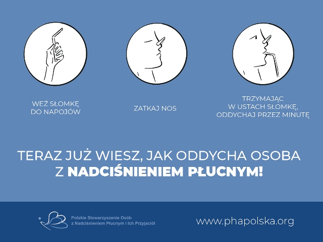 grafika z trzyma krokami testu słomki - 1 krok: weź słomkę do napojów; 2 krok: zatkaj nos; 3 krok - trzymając w ustach słomkę oddychaj przez minutę. Teraz już wiesz jak oddycha osoba z nadciśnieniem płucnym