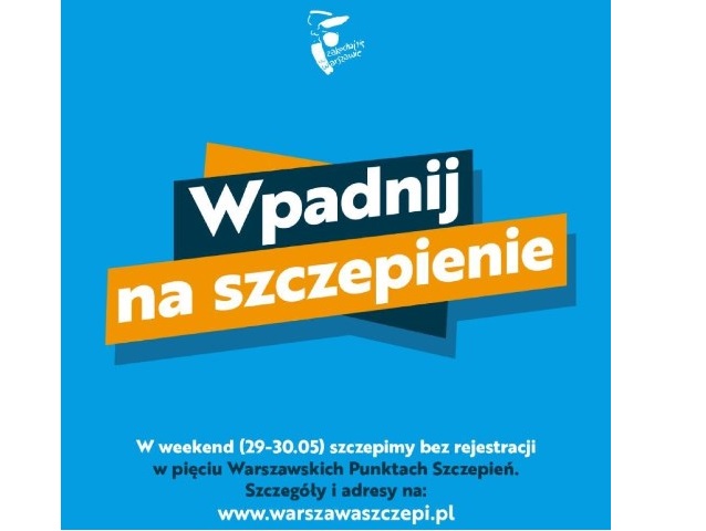 grafika z napisem wpadnij na szczepienie logo warszawskiej syrenki