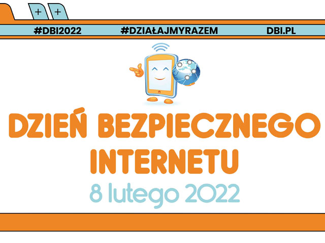 pomarańczowy napis na białym tle: Dzień Bezpiecznego Internetu, 8 lutego 