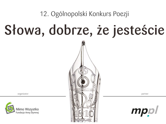 Na środku stalówka pióra. Wyżej napis: 12. Ogólnopolski Konkurs Poezji „Słowa, dobrze, że jesteście”