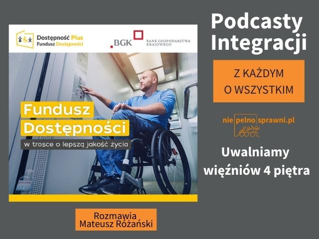 Grafika zajawiajaca rozmowę Mateusza Różańskiego z cyklu "Z każdym o wszystkim". Jej centralnym elementem jest grafika Funduszu Dostępności, przedstawiająca mężczyznę na wózku w windzie. Na grafice są loga Banku Gospodarstwa Krajowego i Programu Dostępność plus