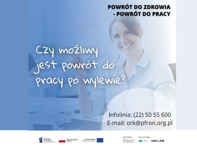 Zdjęcie plakatu materiału prasowego dotyczącego pracy po wylewie, opracowanego przez PFRON.