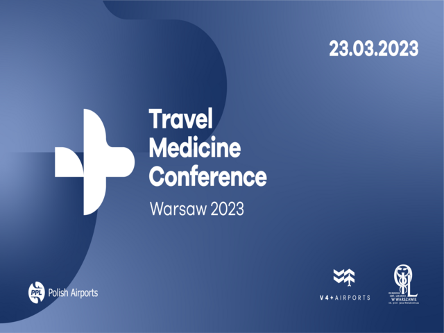 Na plakacie jest logo konferencji krzyż przypominający kształtem mały samolot.W lewym dolnym rogu jest logo firmy PPL, w prawym dolnym rogu są loga V4+Airports i Okręgowej Izby Lekarskiej w Warszawie. W prawym górnym rogu jest data konferencji:23.03 2023