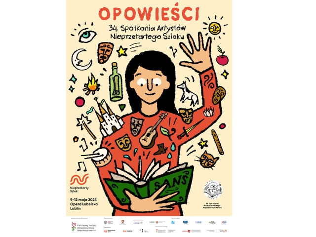 plakat wydarzenia. Napis: "Opowieści" 34. Spotkania artystów nieprzetartego szlaku. Graficzny wizerunek iuśmiechniętej kobiety, w rękach trzyma książkę. Z książki wylatują różne symbole: m.in oko, zamek