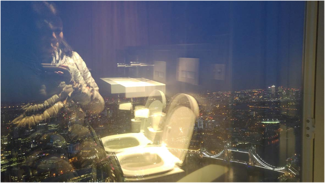 widok z toalety na panoramę Londynu, która ma zamiast ściany wielkie okno,