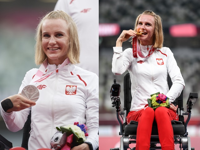 Powiększone zdjęcie: Róża Kozakowska na jednym zdjęciu trzyma srebrny medal, na drugim przygryza złoty