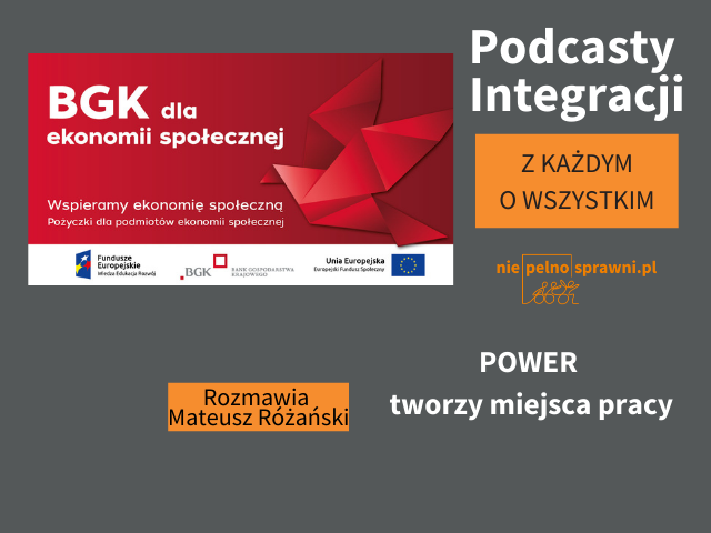 Grafika podcastu na temat programu wsparcia Podmiotów Ekonomii Społecznej pt. POWER tworzy miejsca pracy