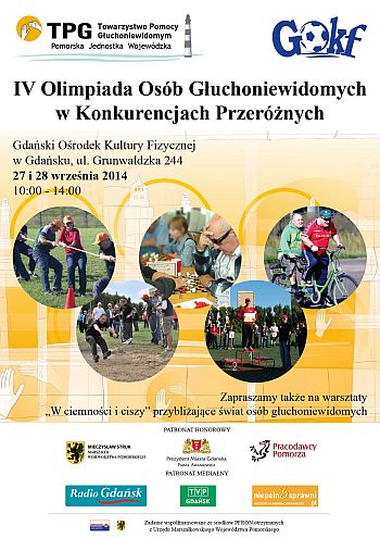 Plakat IV Olimpiady Osób Głuchoniewidomych w Konkurencjach Przeróżnych. Na 5 zdjęciach m.in. przeciąganie liny, skok w dal, szachy, tandem rowerowy