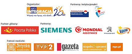 Loga - organizator: Integracja, partnerzy instytucjonalni: PFRON, Urząd m.st. Warszawy, partner główny: Poczta Polska, Partnerzy: Siemens, Mondial Assistance, Peugeot, Lotto, niżej patroni medialni