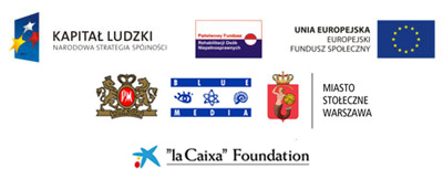 Logotypy: Kapitał Ludzki, PFRON, EU, Philip Morris, Blue Media, Miasto st. Warszawa, La Caixa