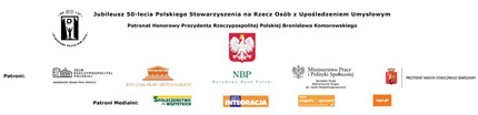 Logotypy partnerów jubileuszu: Sejm, RPO, NBP, MPiPS, patroni medialni: Społeczeństwo dla Wszystkich, Integracja, Niepelnosprawni.pl